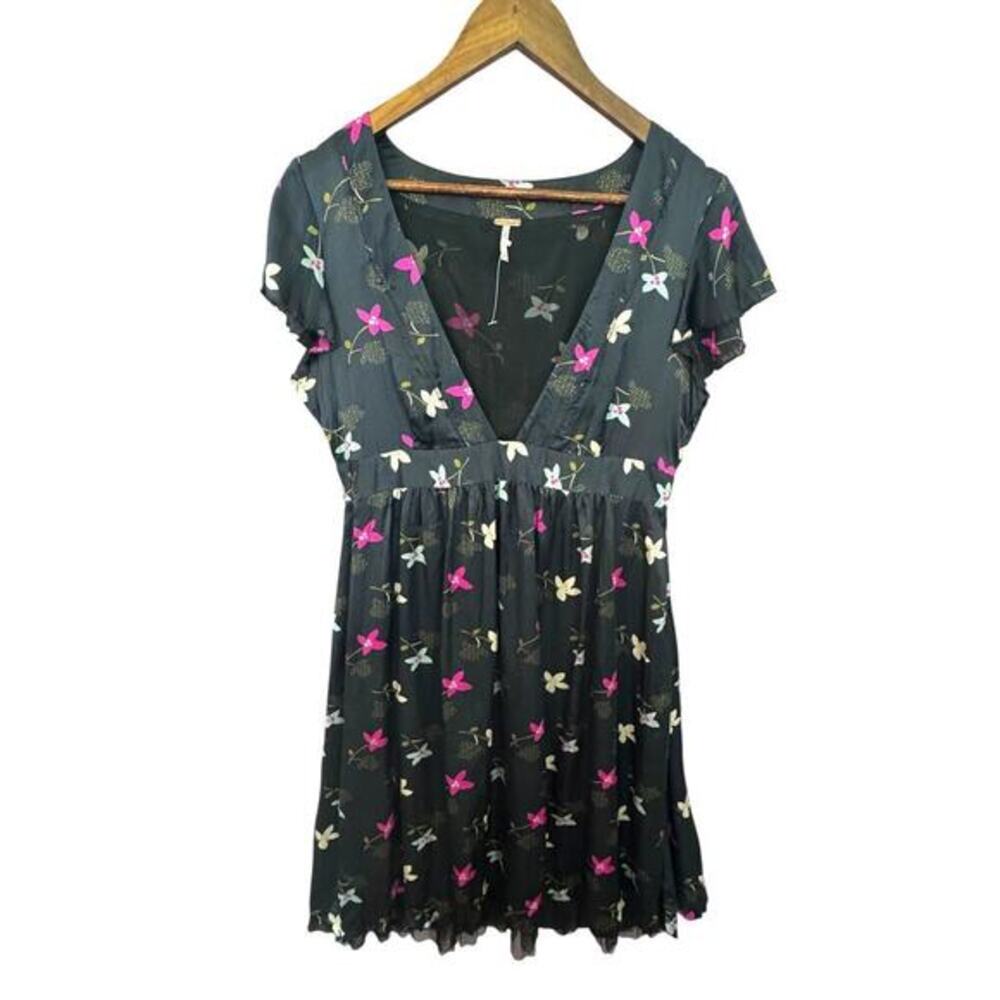 Free People Silk Floral Mini Dress Black Pink Boho Romantic Size 8